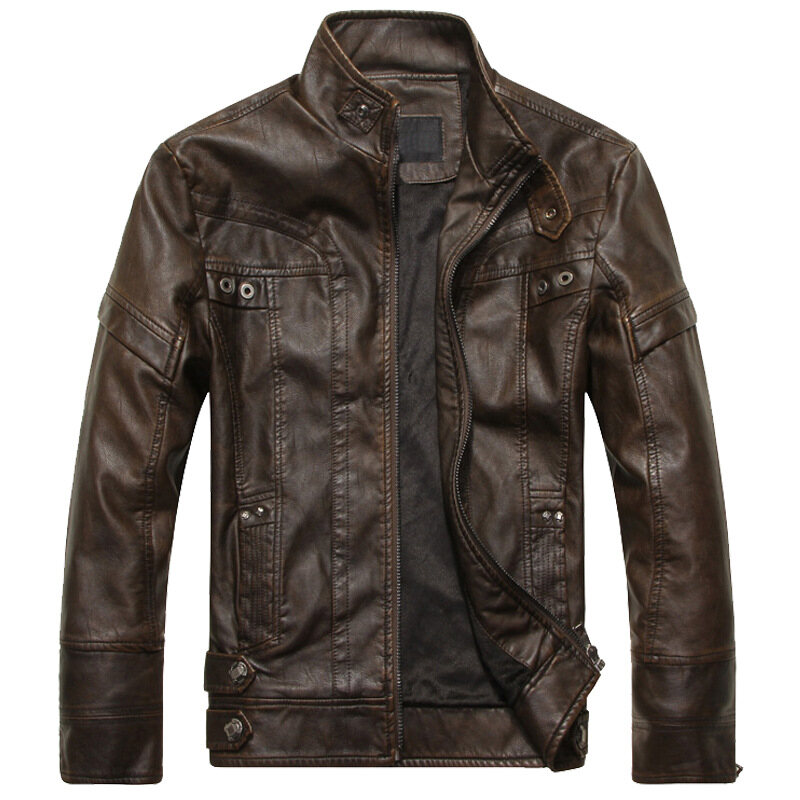 WuChu Men's Motorcycle Leather Jacket Stand Collar Jacket Jaqueta de couro masculina Casual Warm Leather Coat Male