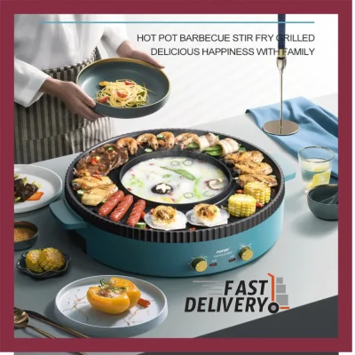 Racy Z 42cm Super Big BBQ Pot Barbecue Machine Hot Pot Braised Frying Pan Barbecue Machine Grill Pot & Steamboat Pot BBQ Pan Hotpot Steamboat 2 temperature controllers Hot Pot Shabu Roast Fry Pan Party Electric