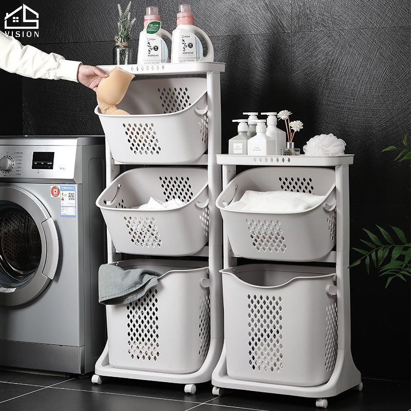 Vision 3 Layers Laundry Basket Household Dirty Clothes Basket Shelves Bathroom Movable Towel Clothes Rack Toilet Storage Organisers