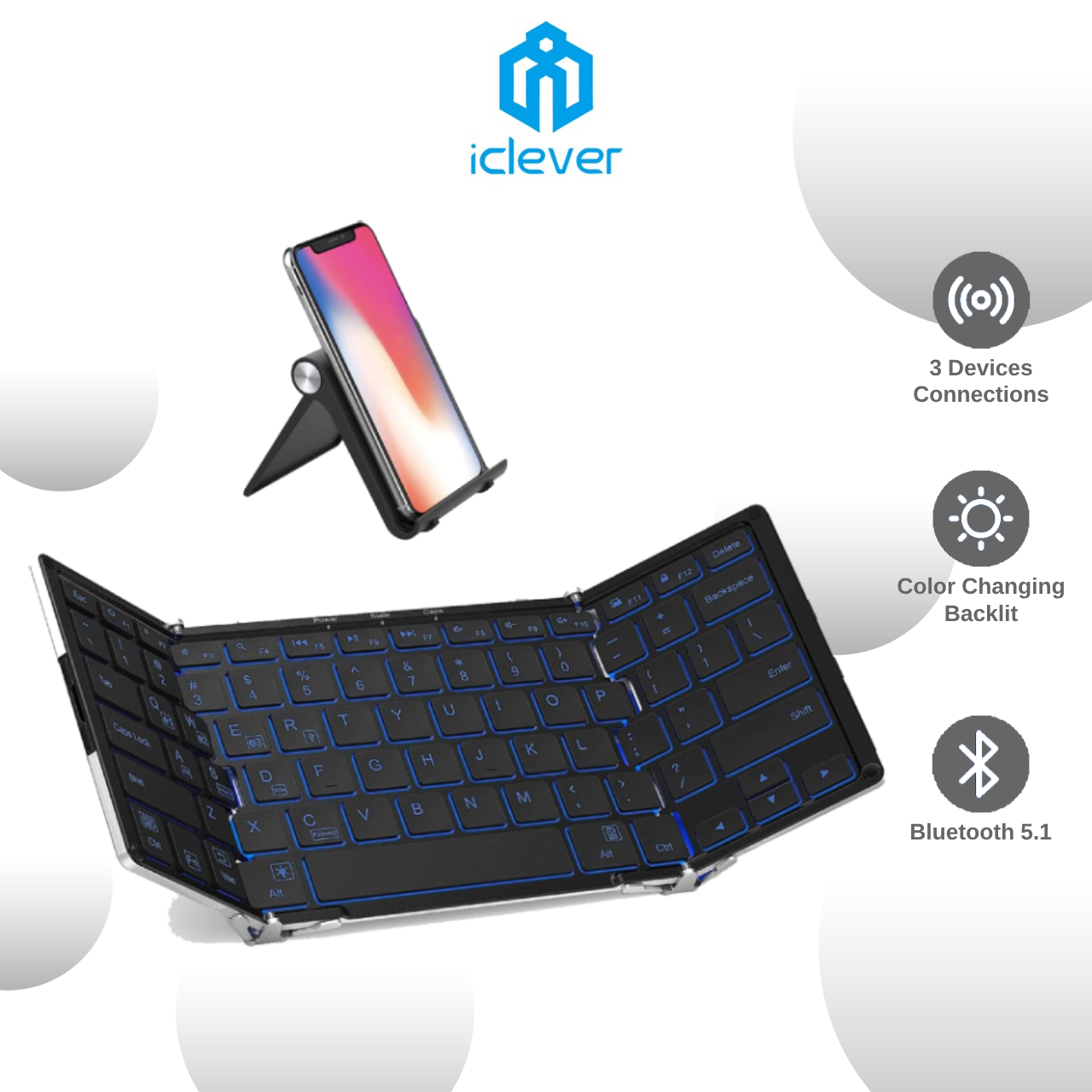 iClever BK05 Bluetooth Keyboard with 3-Color Backlight, Bluetooth