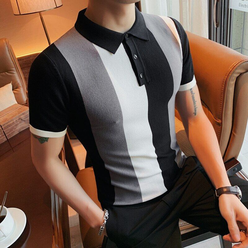 Knitted Polo Shirt Men 2022 Spring Summer Turn Down Collar Slim Fit T-Shirts Casual Wide Stripes Short Sleeve Polos Male Clothing Plus Size 4XL