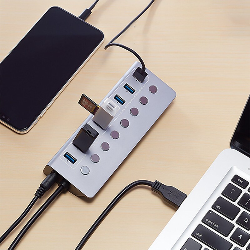 Bộ Chia USB JDB Usb 3.0 Với Công Tắc Độc Lập, Nguồn Điện Bên Ngoài, Bộ Mở Rộng Đa Giao Diện, Hub, Một Cho Bảy Cổng
