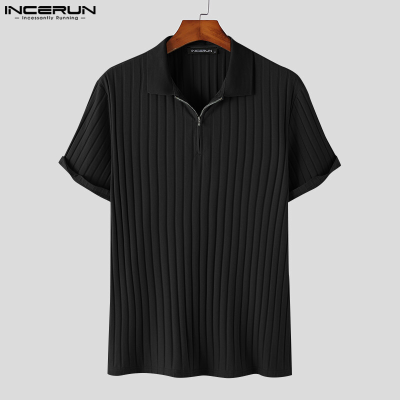 INCERUN Mens Short Sleeve Casual Fit Zip Up Collared Shirt Formal Pullover Tee Tops