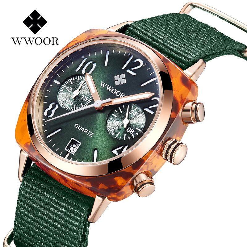 Wwoor Mewah Atas Elegan Merek Fashion Elegan Wanita Jam Tangan Kasual Sederhana Strap Nilon Kreatif Analog QUARTZ Arloji Wanita