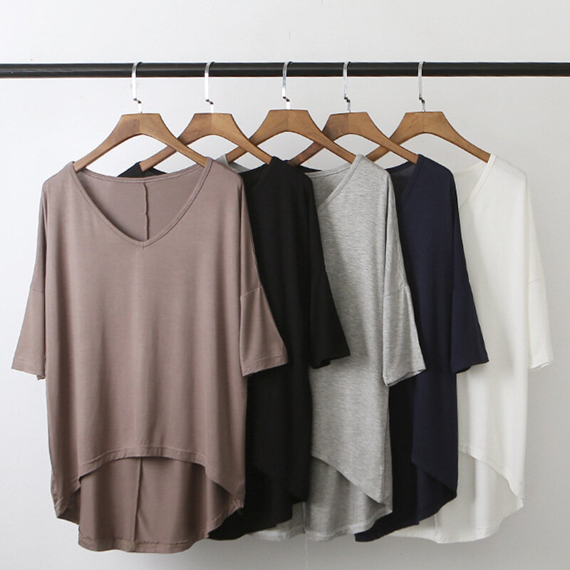 Women New Modal Bat Sleeve T-shirts Lady Casual Korean V-neck Blouse Tops