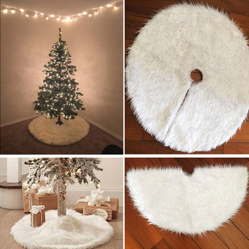 Christmas Tree Skirt Pure White Plush Faux Fur Xmas Floor Mat Ornaments ...