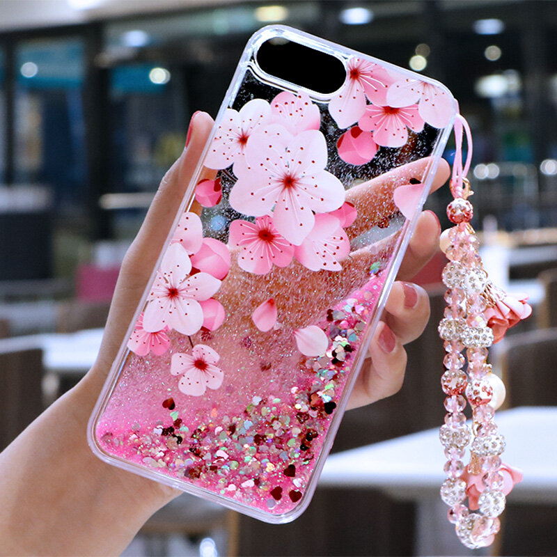For OPPO A3S Cherry Flower Liquid Casing for OPPO A3S Quicksand Sparkling Silicone Protective Women's Case+ Lanyard