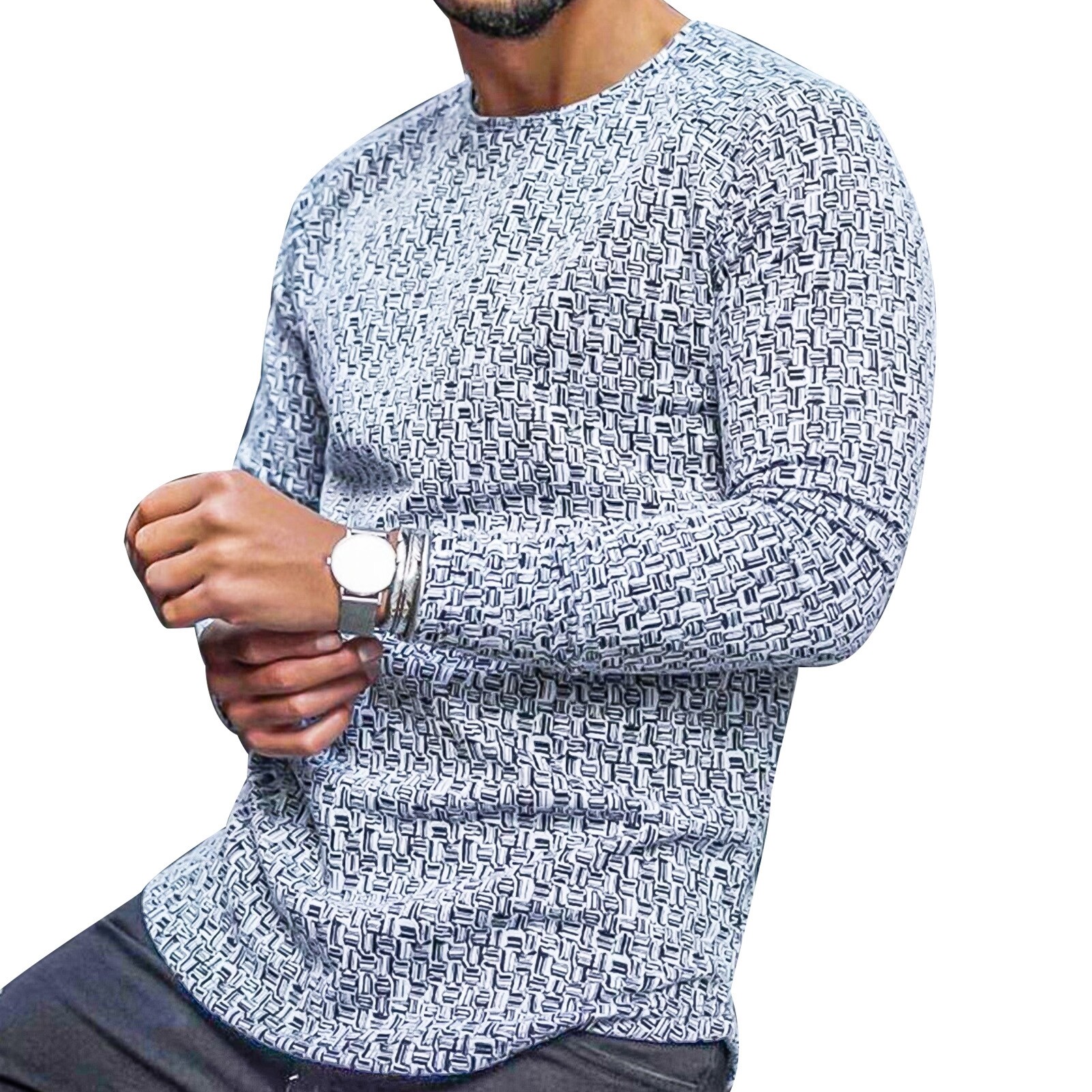 T-shirt Long Sleeve Slim Top Cotton Blend Men Stripe Plaid Print Pullover for Autumn