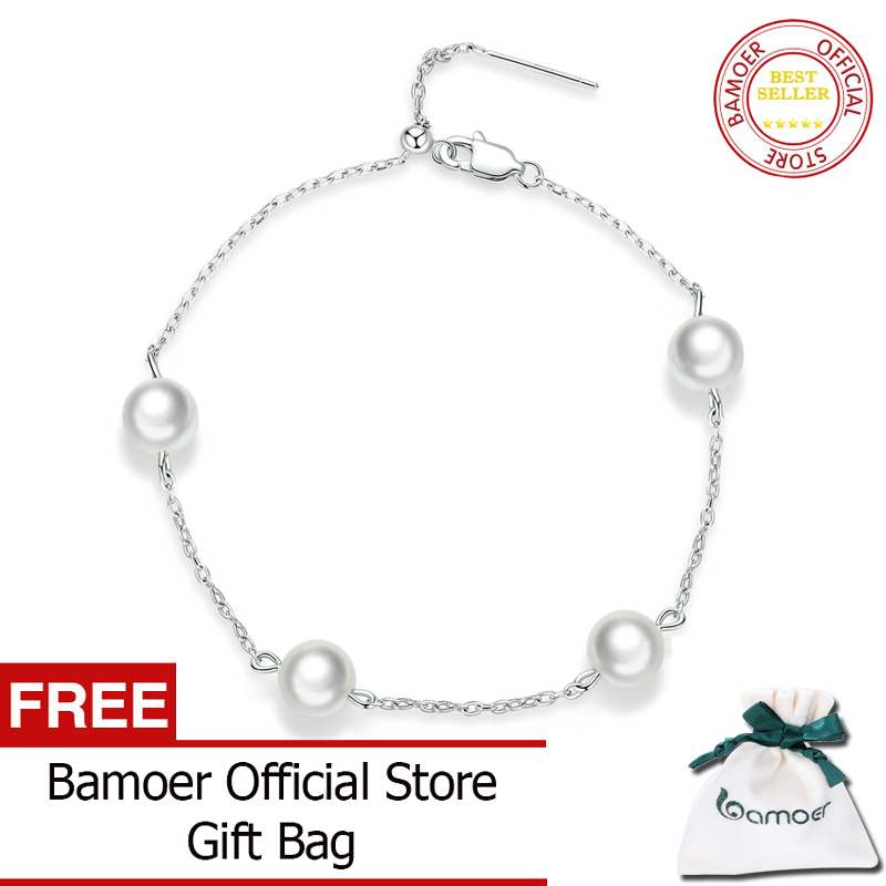 BAMOER 100% 925 Sterling Silver Delicate Shell Pearl Bead Women Bracelet Silver Adjustable Bracelet Fine Jewelry Wedding Gift BSB090
