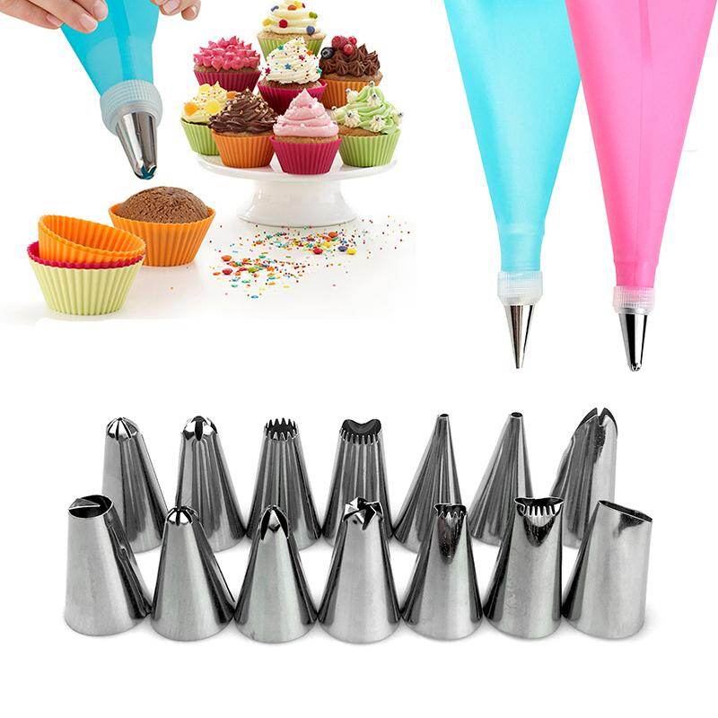 16Pcs/Set Cake Decorating Tools 14 Stainless Steel Nozzle + Silicone Pastry Bag DIY Tips Set Kitchen Accessories Pastry Tools