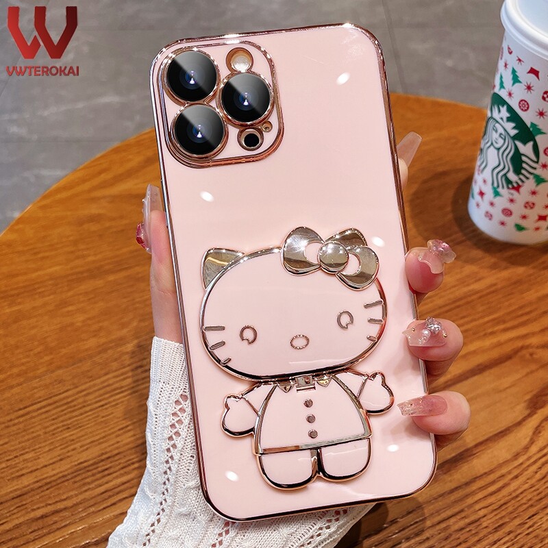 Hello Kitty 3D Cute Doll Makeup Mirror Phone Case For Apple Iphone 6/6S 6 Plus/6S Plus/ 7/8 7Plus/8Plus/X/XS XR XS Max Iphone 11 Pro Max Iphone 12 Mini 12 Pro Max 13 Pro Max 14 Pro Max 14 Plus Plated Soft TPU Bracket Back Cover