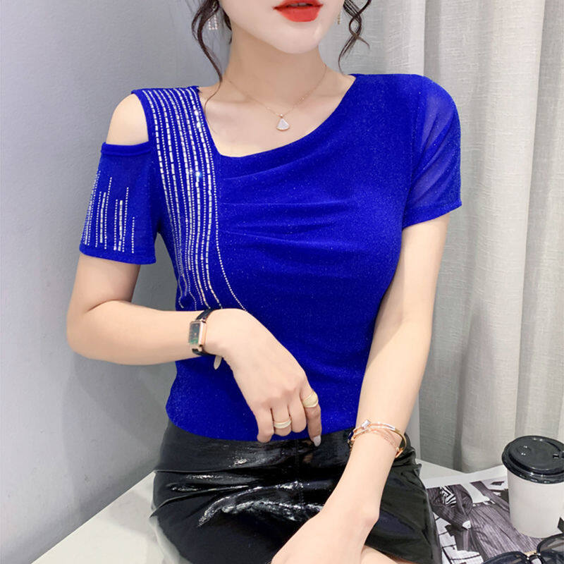 ชุดกระโปรงผู้หญิง,เดรสฤดูร้อนใหม่เสื้อยืดผ้ากอซเซ็กซี่แขนสั้นเจาะรูร้อนเสื้อเบลาส์ครึ่งแขน