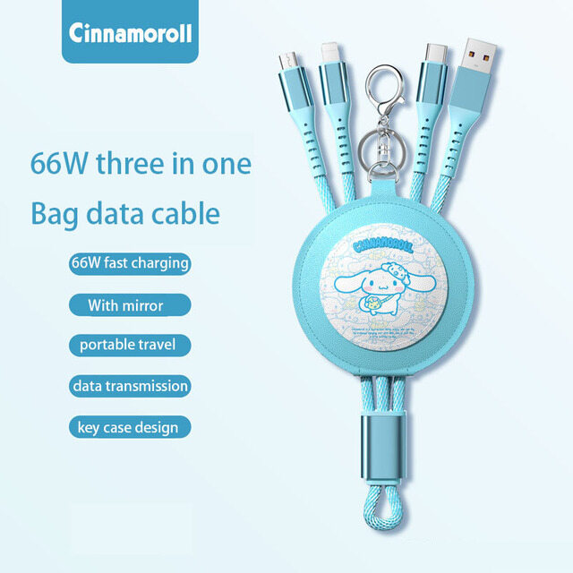 100% Authentic Sanrio Accessories 3 in 1 Charging Cable with Mirror & Keychain Kuromi USB Cable Type C Lightning Cable Retractable Micro USB Cable Fast Charging for iOS and Android Smartphone Birthday Gift Cinnamoroll AQ7