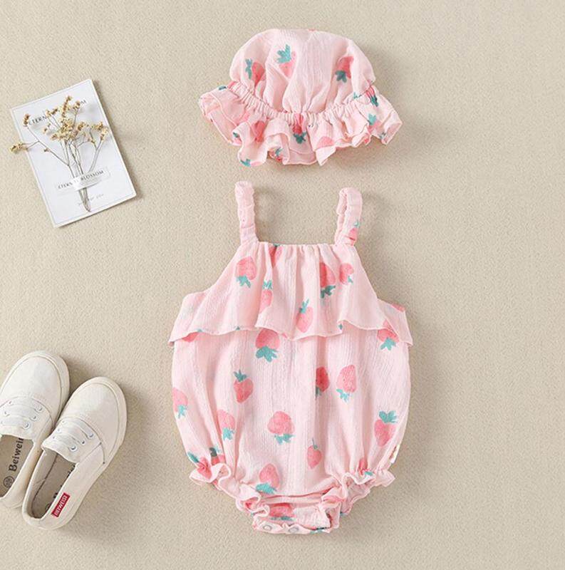 Nơi bán SJHER_Newborn Trẻ Sơ Sinh Bé Gái Dây Dâu In Áo Liền Quần Áo Chống Nắng Mũ Bodysuit