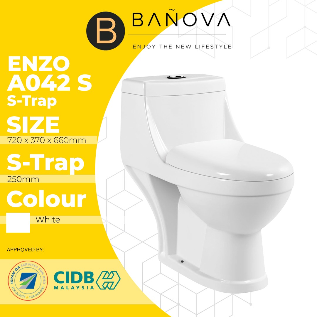 BANOVA Enzo One Piece WC Toilet Bowl S-Trap Wash Down Water Closet 10 ...