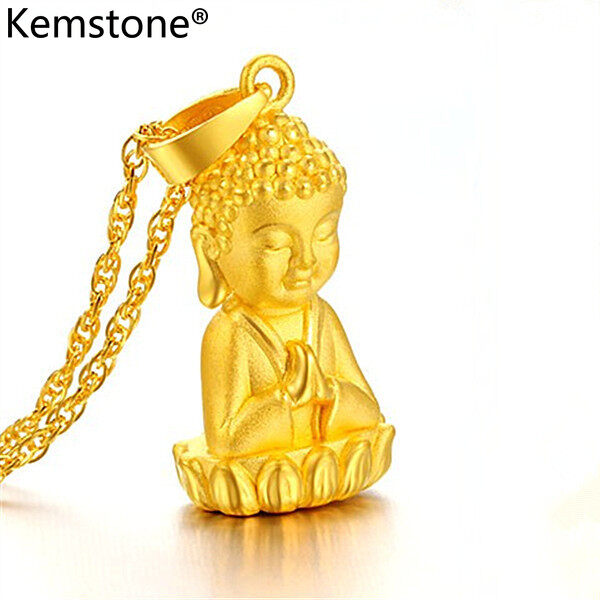 Kemstone Religious Three-dimensional Buddha Statue Gold Plated Copper Pendant Necklace Jewelry Gift for Men Women