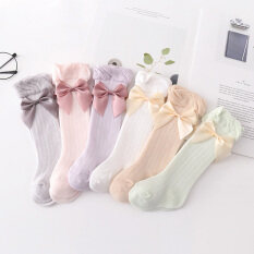I Love Daddy&Mummy Tất dài thắt nơ phối ren cao đến gối màu trơn chất liệu cotton mềm mại thoáng khí dành cho trẻ em tập đi – INTL