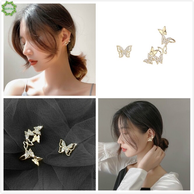sanhe 14K Gold Plated Butterfly Crystal Earrings Luxury Asymmetric Earrings Women Party Gift Ear Bone Clip Jewelry