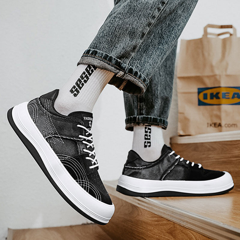 RENBEN Trendy Low Top Platform Canvas Shoes Men 'S Washed Denim