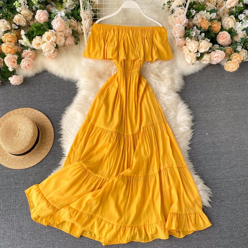 Women Summer Off Shoulder Maxi Dress Solid Ruffles Dress Elegant Romantic A-Line Dress Korean Sexy Slash Neck Long Robe