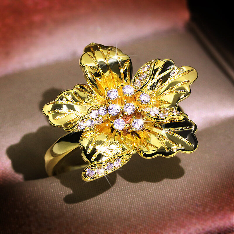 Vintage Snowflake Zircon Ring Exaggerated Personalized Flower-Shaped Diamond 14K Ring Bracelet