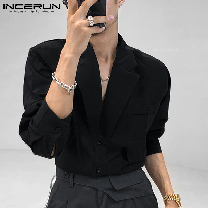 INCERUN Mens Business Long Sleeve Shirt Button Down Formal Cargo Collared Tops Blouse