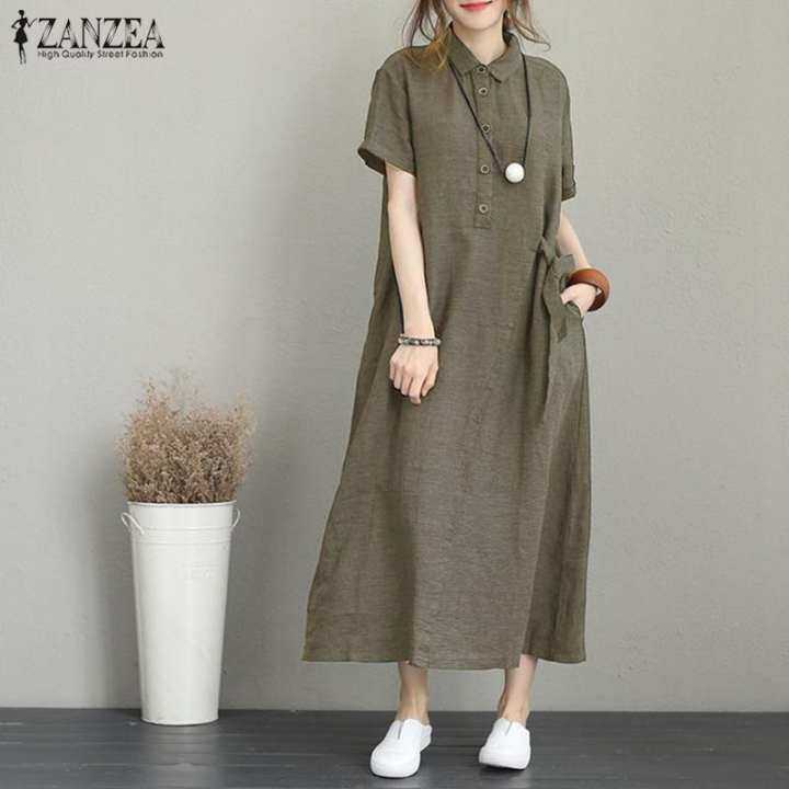 (3 Days Delivery) ZANZEA Women Buttons Neck Long Shirt Dress Lapel Short Sleeve Midi Dress Kaftan Dress – zanzea >>> top1shop >>> lazada.com.ph