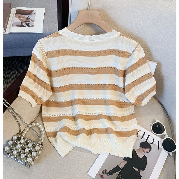 Women's Knit Short Sleeve Top Women's Bubble Sleeve T-shirt Summer Shirt 2024 New Buttons Blouses Short Sleeve Top