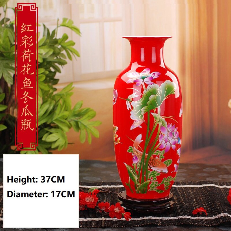 37CM Ceramic Vase Wooden Base Ornaments Home Decorations Furnishings TV Cabinet Living Room Cabinet Decoration