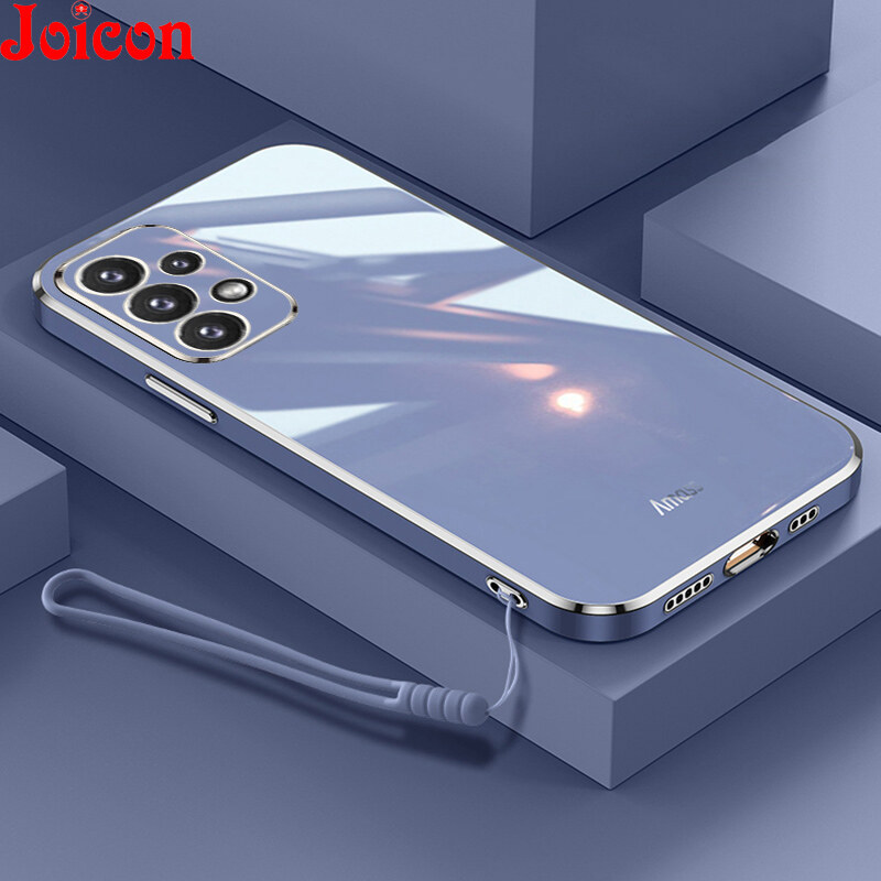 Samsung Galaxy A53 M35 5G A54 A55 A52S A33 A34 A35 A23 A24 A24 A13 A14 A15 A73 5G Casing Latest Luxury Electroplating Straight Edge Soft Phone Cover Camera Protection Shockproof Phone Case + Liquid Silicone Hand Strap Chain