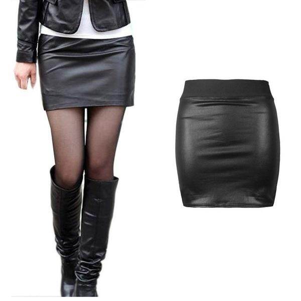 Women PU Leather Pencil Bodycon High Waist Mini Dress Short Skirt