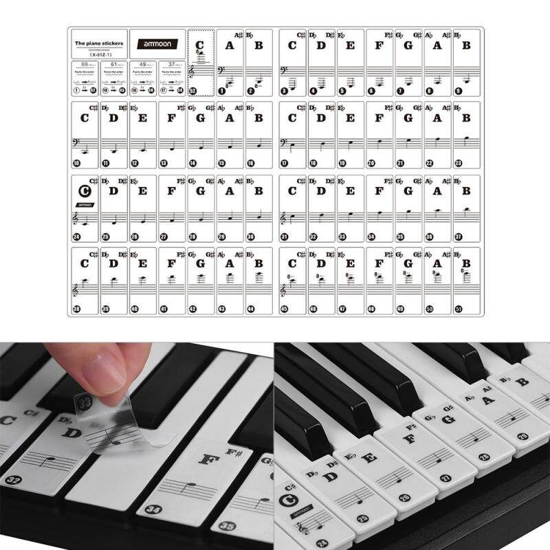 ammoon Piano Keyboard Stickers for 37/ 49/ 61/ 88 Key Keyboards Removable Transparent White Letters with Colorful Base Malaysia