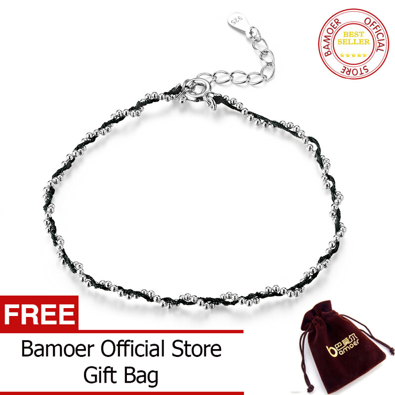 BAMOER Black and Red Rope Bracelet with 925 Sterling Silver Beads Chain Bracelets for Women New Year Gift Friendship SCB173
