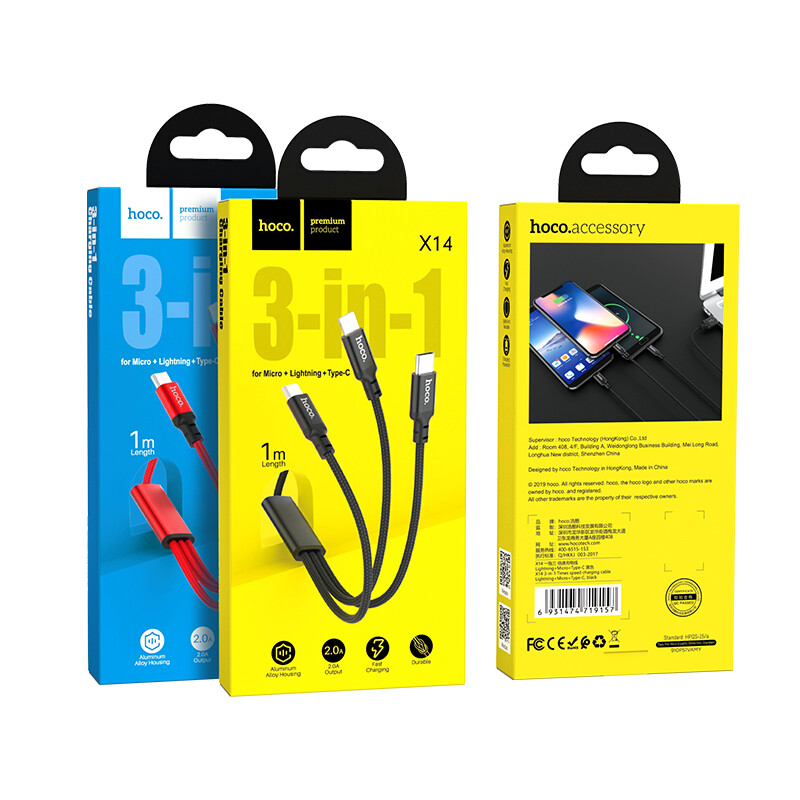 Hoco X14 3 Trong 1 Cáp Sạc Cổng USB (Lightning + Type C + Micro USB) dành Cho iPhone Samsung Huawei Xiaomi