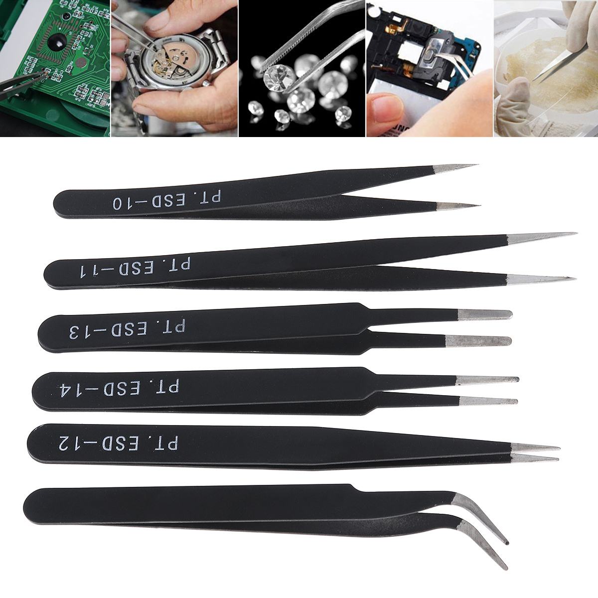 6pcs/set Stainless Steel Tweezers 1.0MM Anti-static Fix Repair Tool Kit