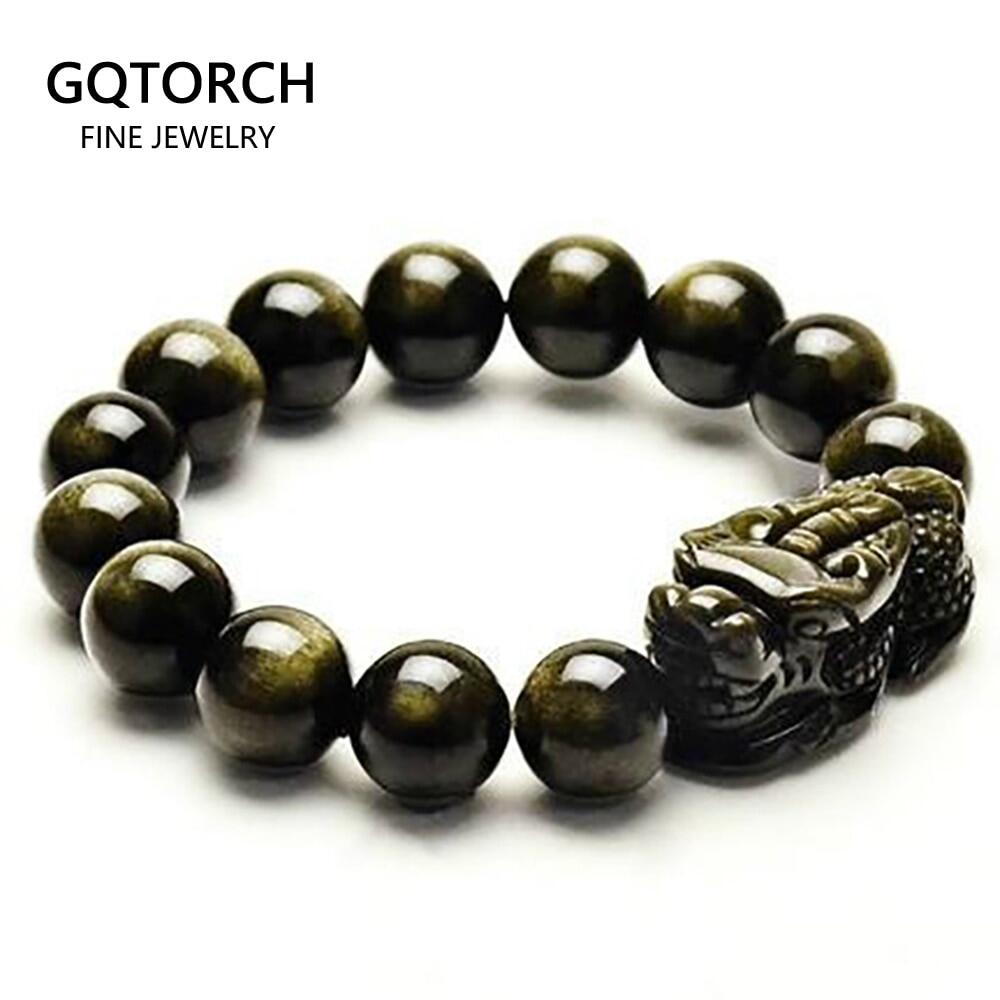 ธรรมชาติ Obsidian สร้อยข้อมือลูกปัด Gold สีแหวนหินพลอยธรรมชาติสายรัดข้อมือแบบร้อยสร้อยประคำทหารกล้าหาญผู้หญิงผู้ชายเครื่องประดับ