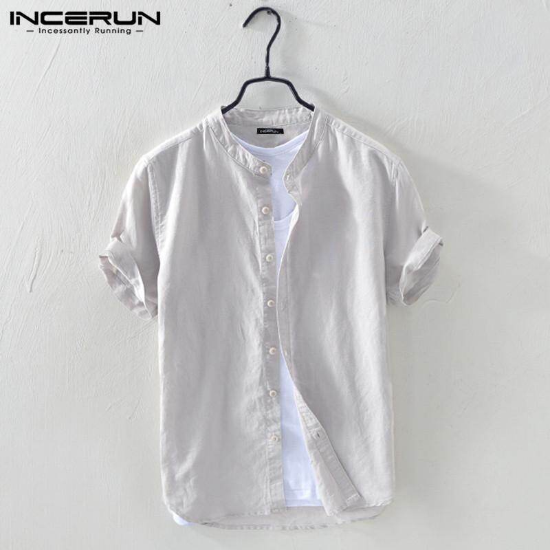 INCERUN Men's Casual Summer Solid Cotton T-shirt Short Sleeve Tops Chinese Style Shirts