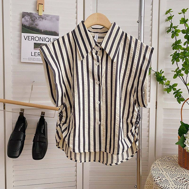 Women's Pleated Sleeveless Striped Shirt, New Summer Design, French Versatile Loose Fitting Shirt