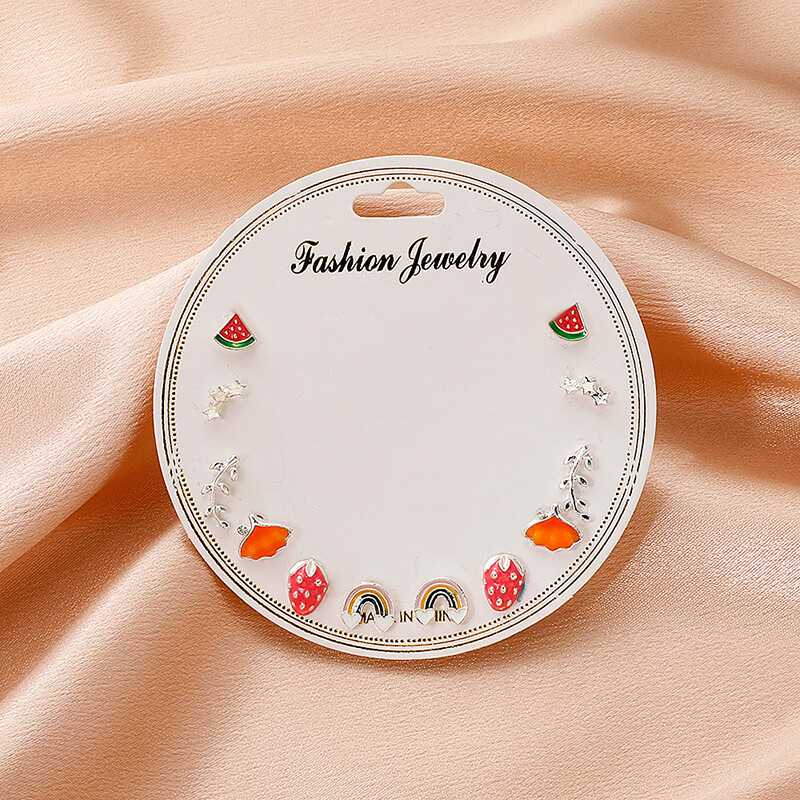 MIAOYA 6 Pairs Of Earrings Women New Colorful Fruit Stud Earrings Unicorn Rainbow Leaf Jewelry Set