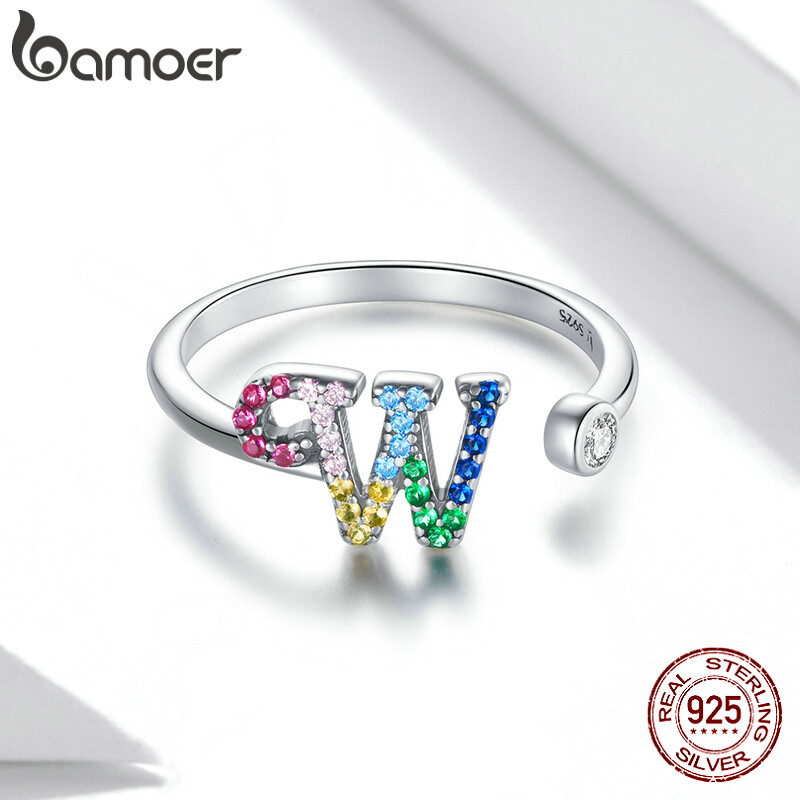 BAMOER 925 Sterling Silver Stackable Initial Letter Rings for Women Capital Letter Adjustable Ring Size 6-8 Jewelry SCR723