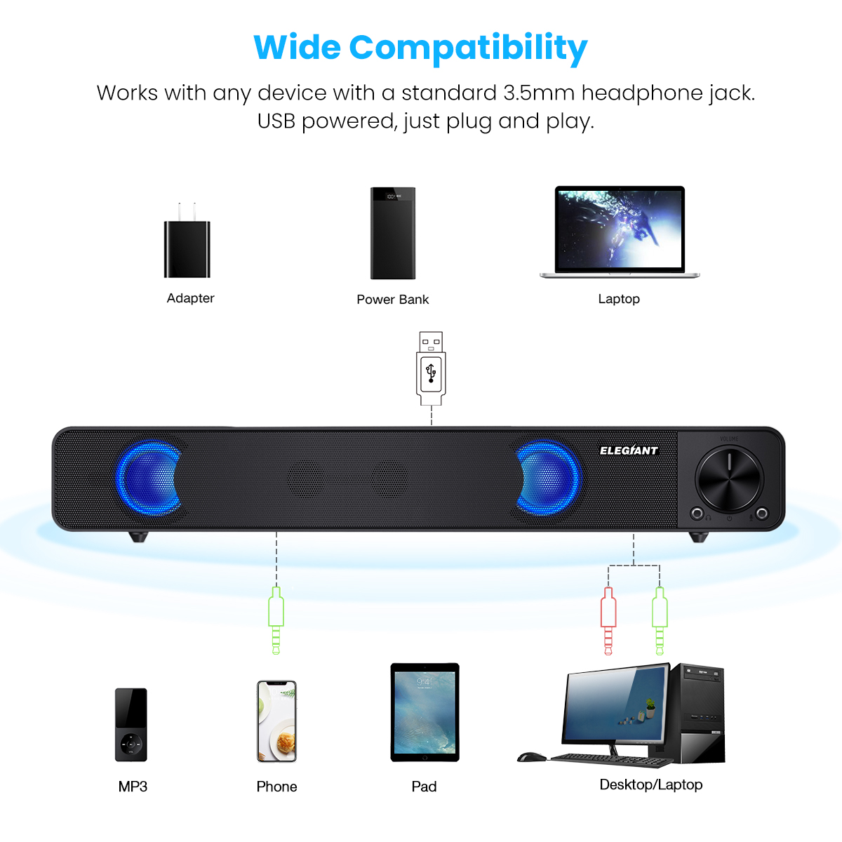 ELEGIANT Mini Wired Soundbar Stereo USB 