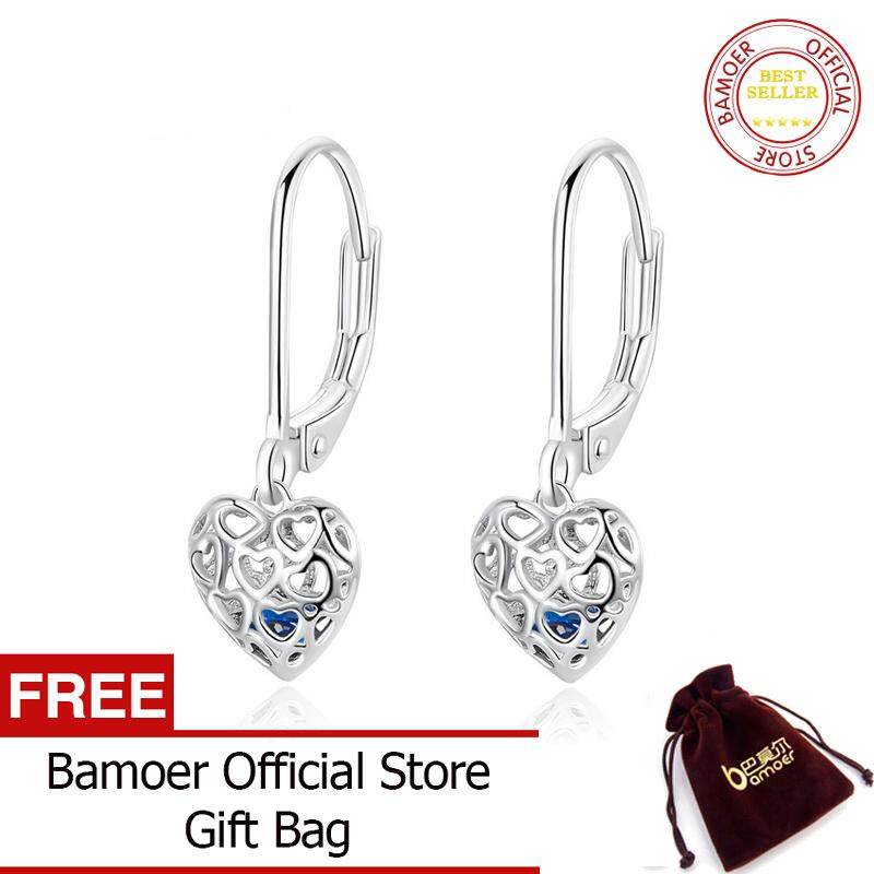 BAMOER 100% 925 Sterling Silver Blue Dream Heart Shaped Hoop Earrings For Women Fashion Jewelry SCE746