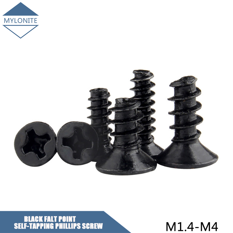 Kích thước nhỏ M1.4 m1.7 M2 m2.3 m2.6 M3 M3.5 M4 Đầu chìm kẽm đen đuôi phẳng Tự khai thác vít Phillips bu lông mét dài 4-20mm Công cụ tự làm