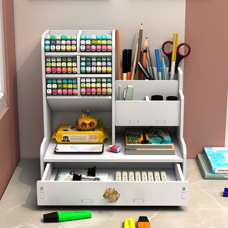 Desktop DIY pen holder storage box multi-functional office supplies stationery box large-capacity student wood plastic storage pen holder