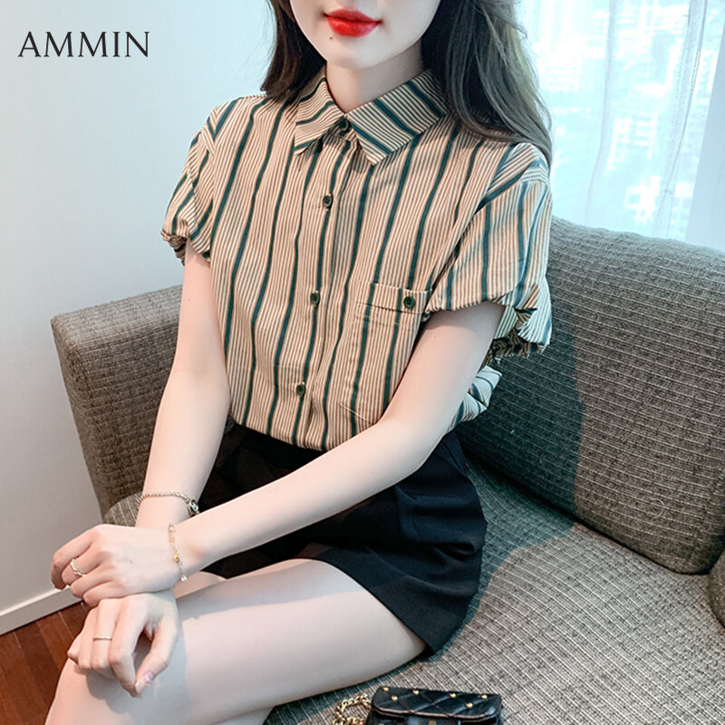 AMMIN Korean style ladies short sleeve retro polo collar striped shirt summer fashion temperament casual chic bubble sleeve striped blouse