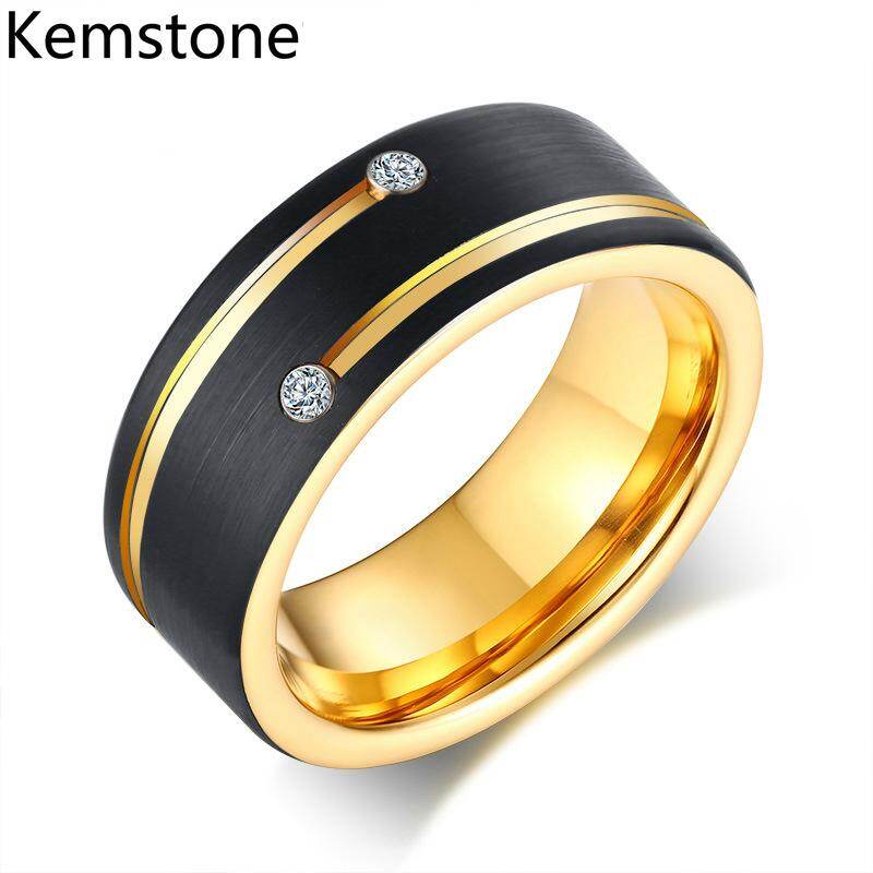 Kemstone Men's Black Gold Tungsten Steel Carbide Inlay AAA Cubic Zirconia Fashion Ring