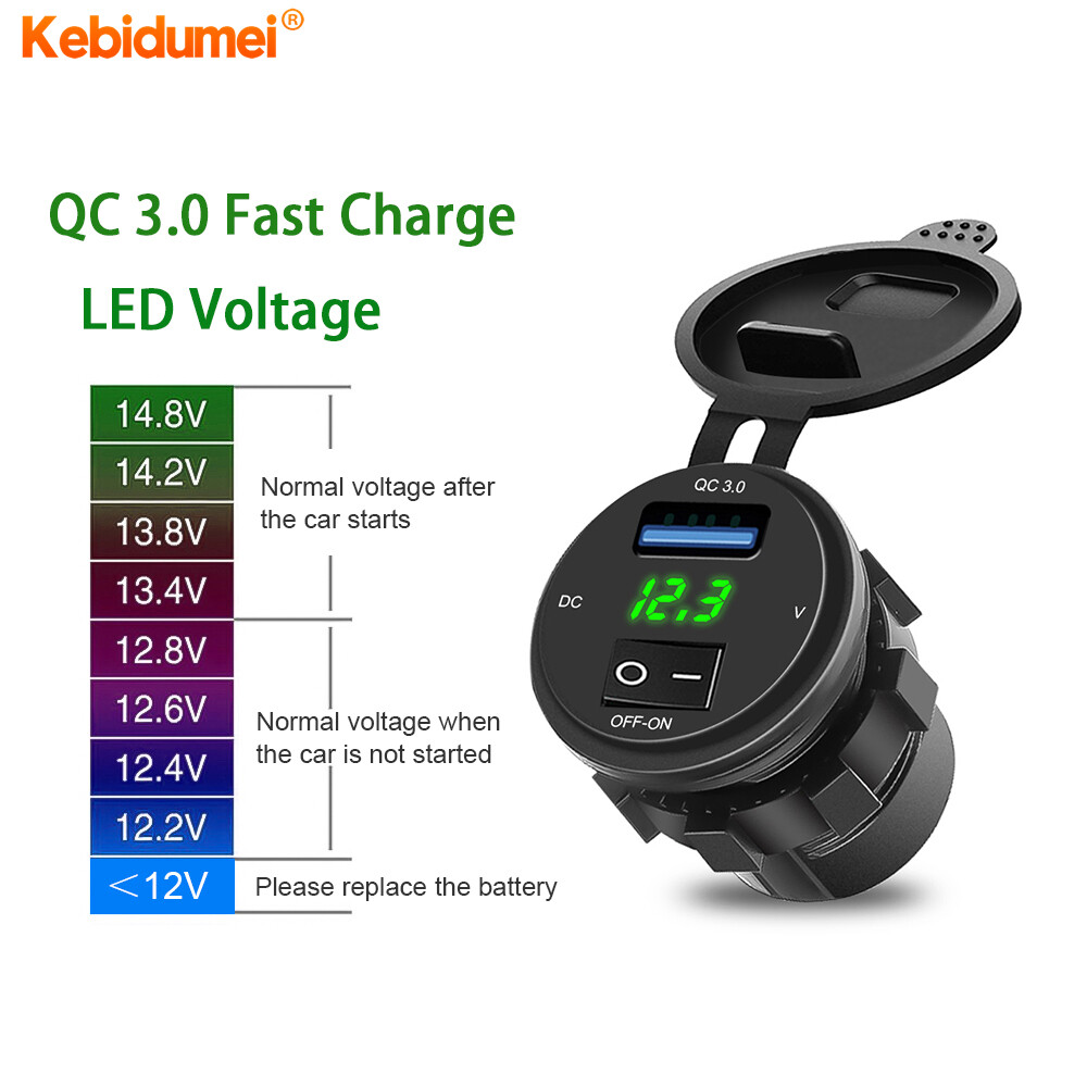 Kebidumei Quick Charge 3.0 USB Car Charger Socket Digital Display Voltmeter USB Charger Socket With ON OFF Switch For Car Motorcycle