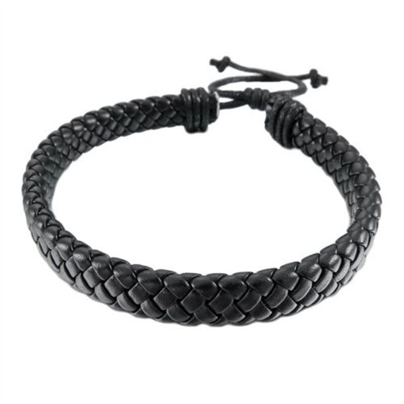 【Prettyset】Unisex Vòng Tay Bằng Da Vòng Tay Dây Quấn Màu Đen Có Thể Điều Chỉnh