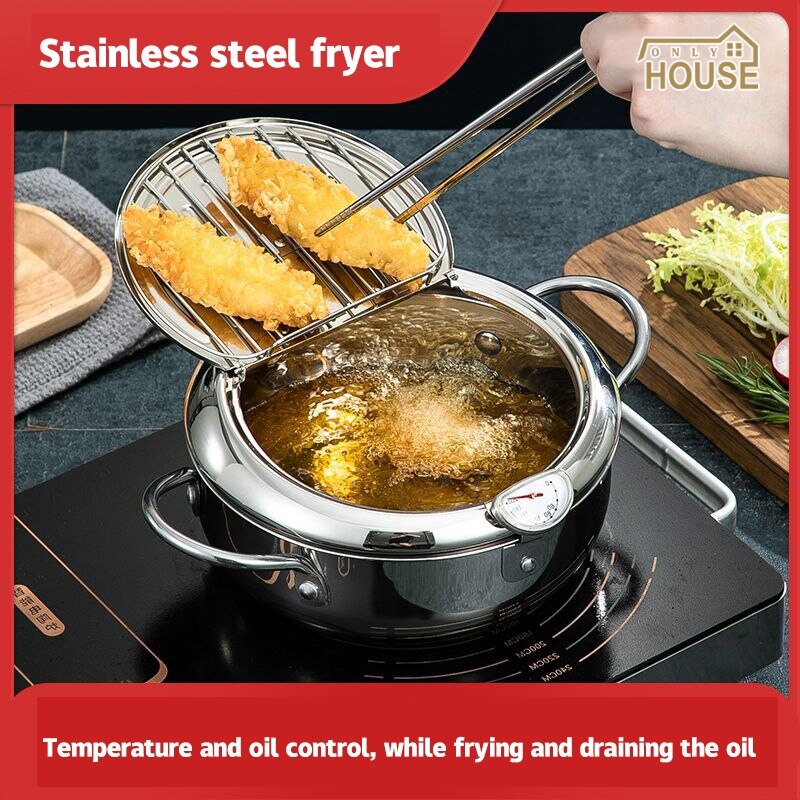 304 Stainless Steel Japanese Tempura Fryer Household Temperature Controllable Multifunctional Fuel-Efficient Mini Fryer with Strainer