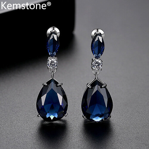 Kemstone Exquisite White Blue Crystal Water Drop Dangle Earrings Jewelry Gift for Female Women
